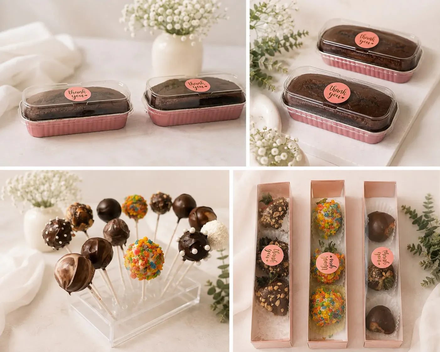 Four dessert favor presentations with mini cakes and decorated cake pops in blush packaging
